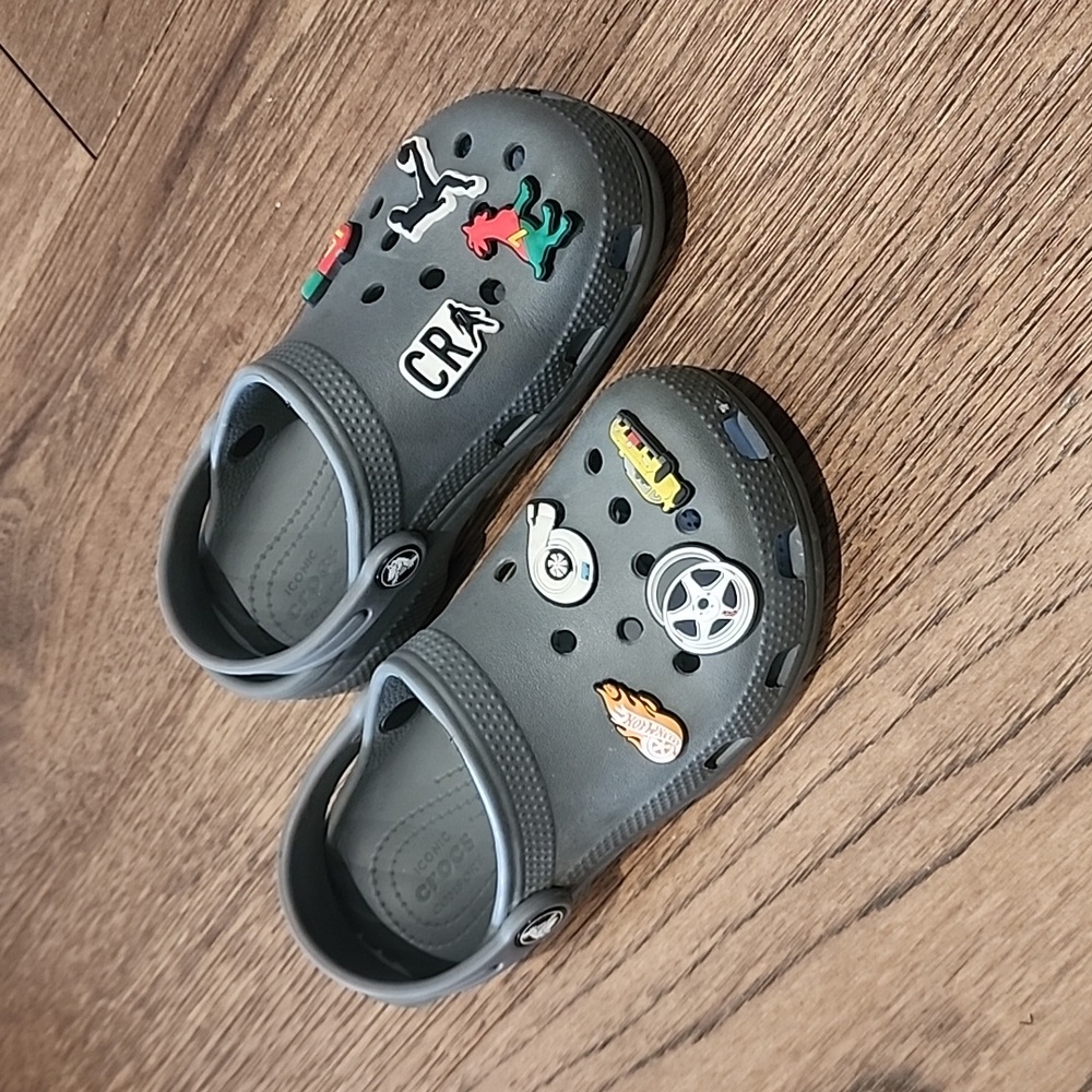 Kids Gray Crocs Shoes with Fun Charms